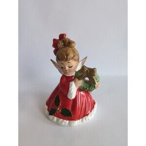 Vintage Josef Christmas Bell Angel Holding a Holiday Wreath Ceramic